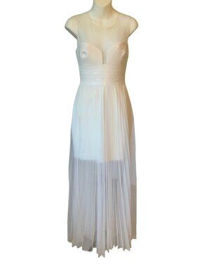 BCBG Max Azria White Mesh & Sequin Bodice Pleated Maxi Dress S